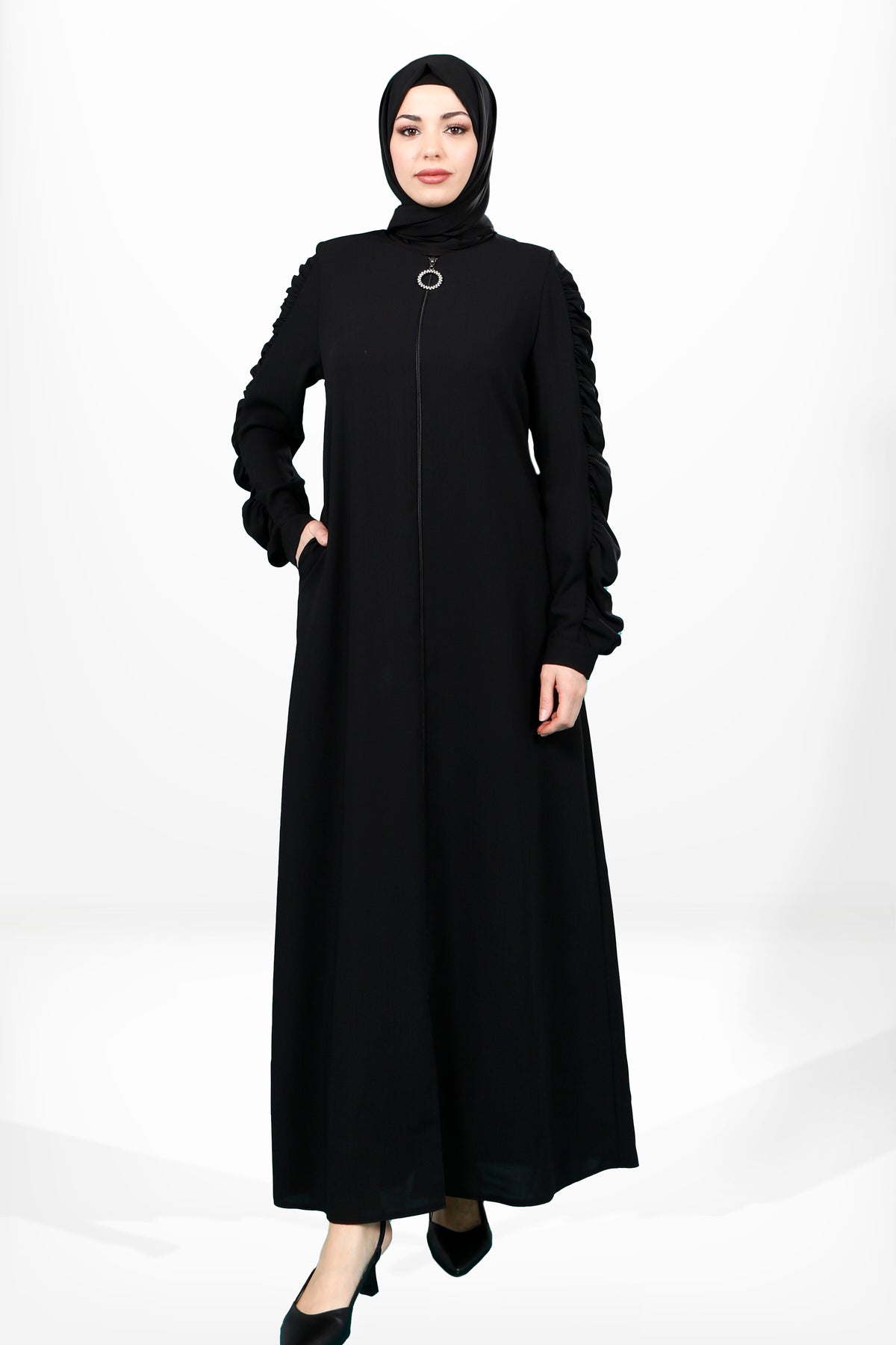 3909 Kolu Büzgülü Ferace - Siyah