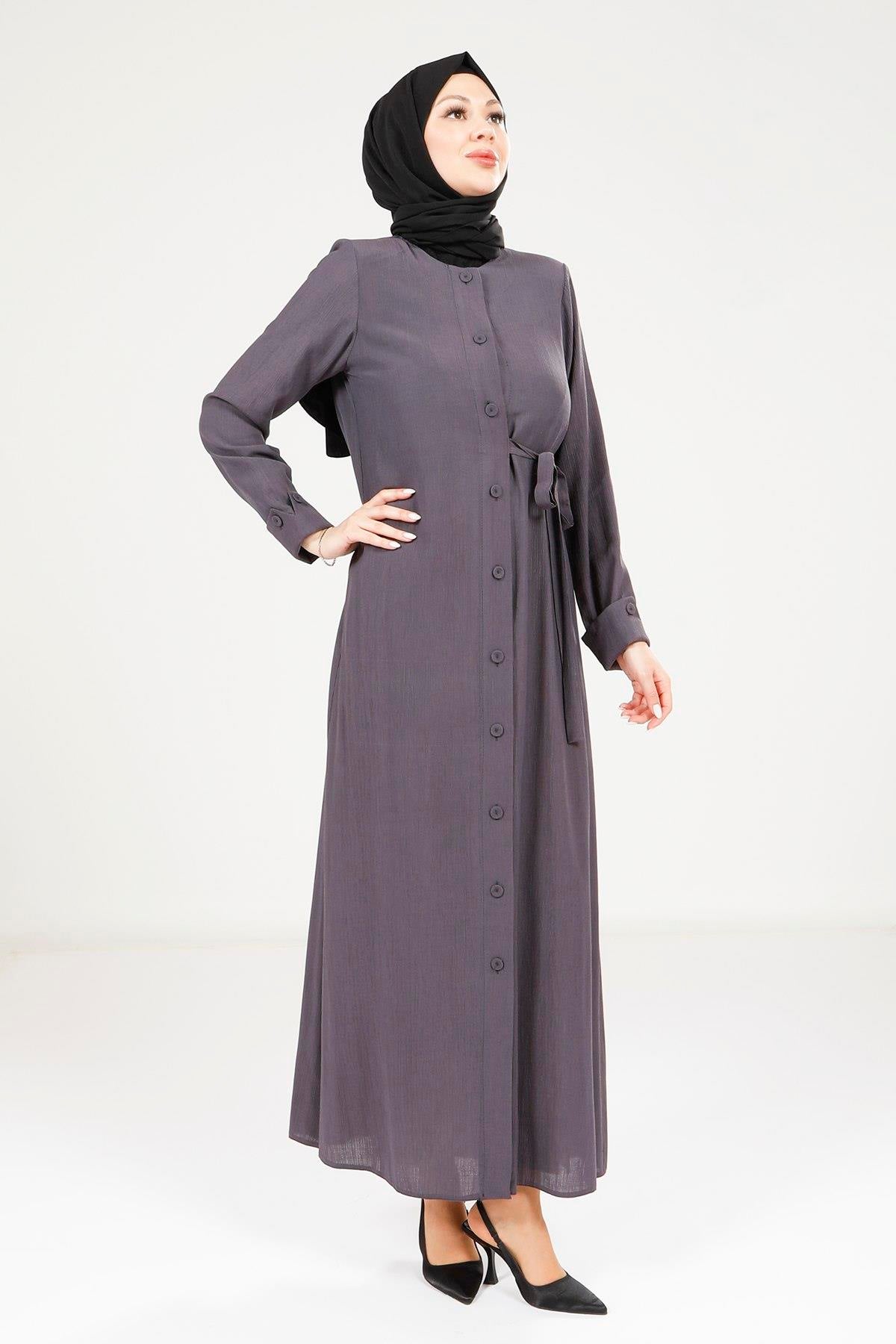 9181 Düğmeli Elbise - KOYU GRİ
