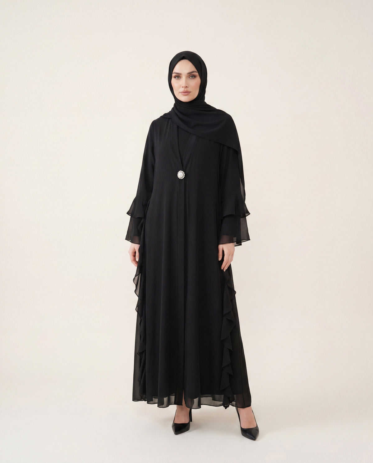 9789 Şifon Volanlı Abaya - Siyah