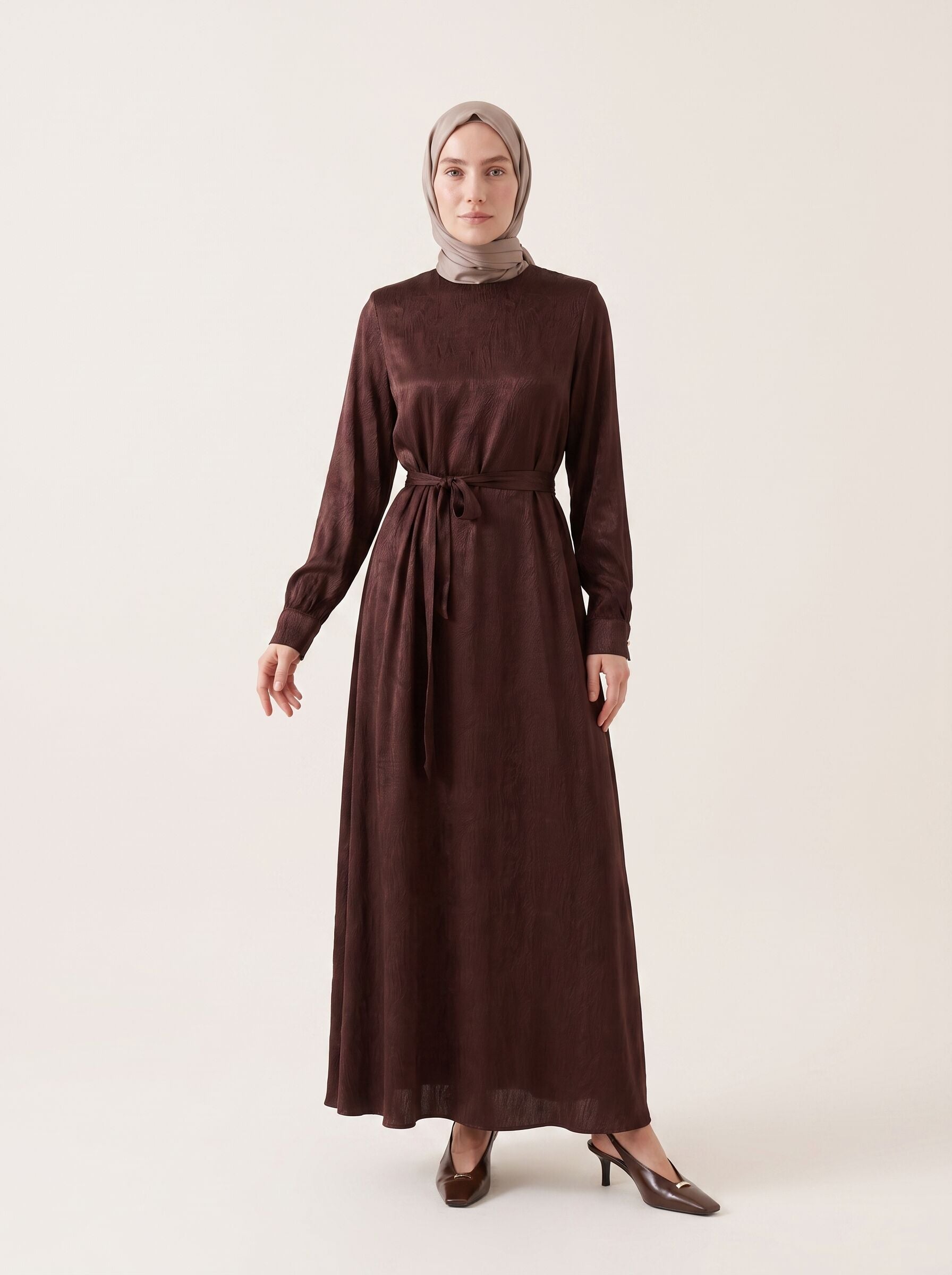 9728-2 Desenli Elbise - Acı Kahve