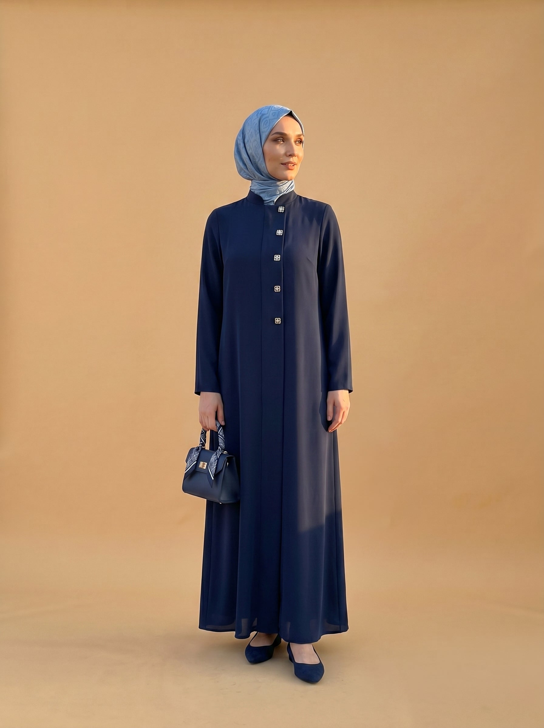 9558 Kare Aksesuarlı Ferace - Lacivert