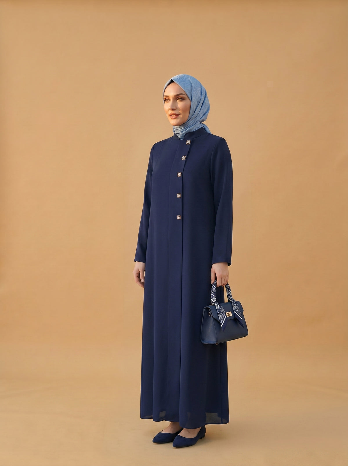 9558 Kare Aksesuarlı Ferace - Lacivert