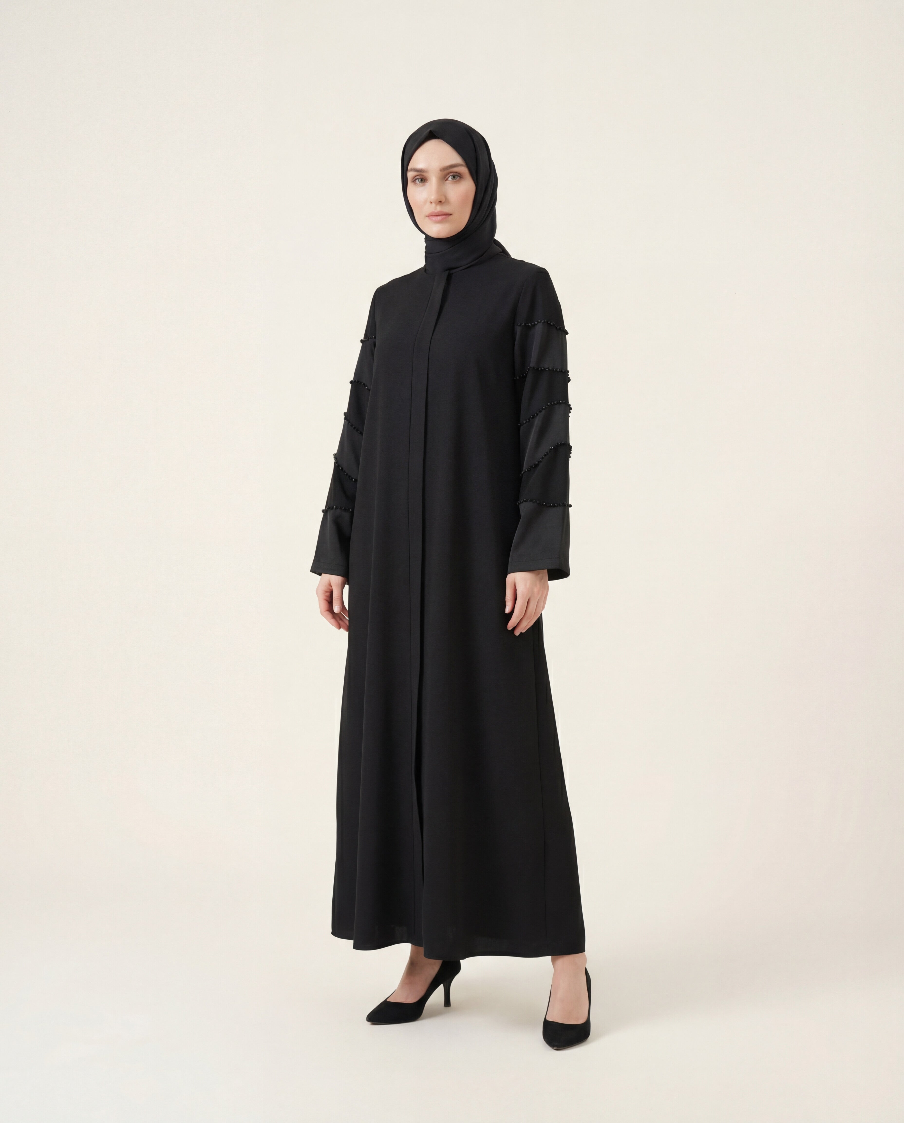 9769 Kolları Boncuklu Ferace - Siyah