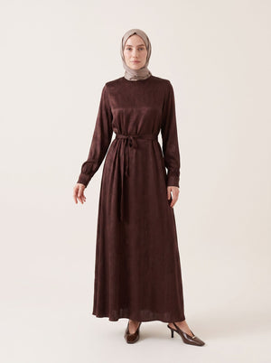 9728-2 Desenli Elbise - Acı Kahve